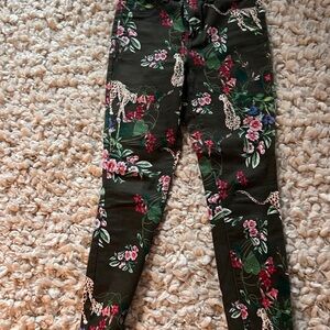 L'AGENCE Olive Green Floral Print Pants with Pink Blooms
